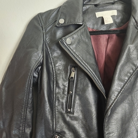 H&M Womens Black Faux/Vegan Leather Motorcycle Biker Jacket-Size 0 - Picture 4 of 10